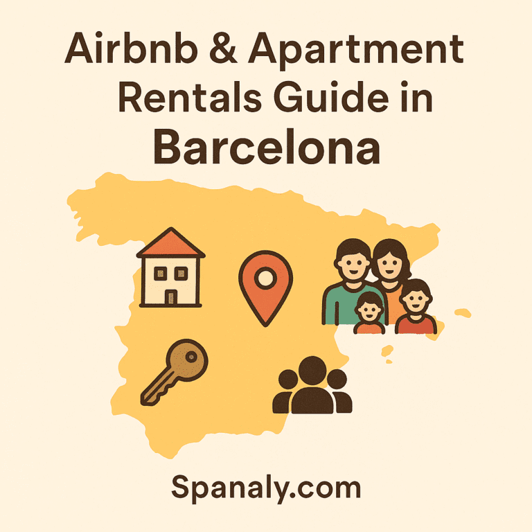 Illustrated map of Spain with Barcelona highlighted and icons representing apartment rentals, families, and group travel