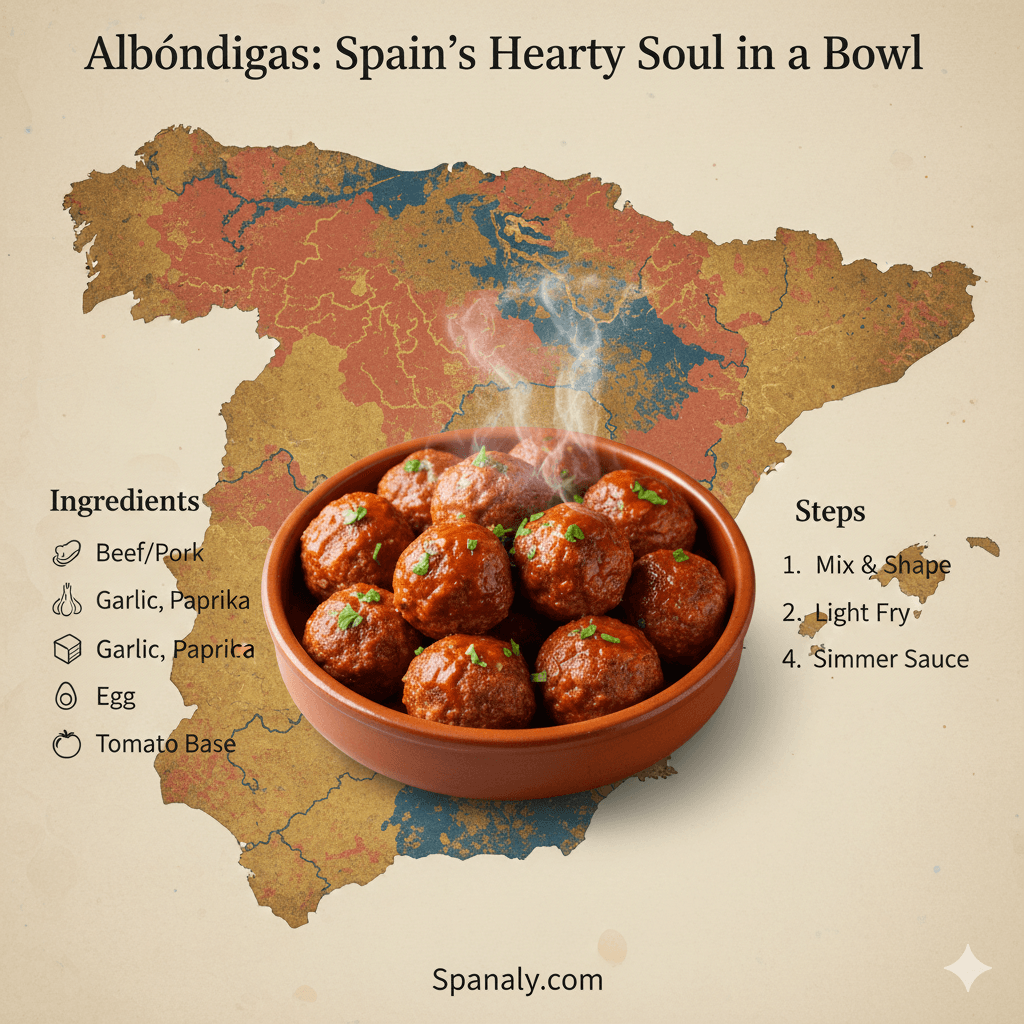 Traditional Albóndigas recipe infographic featuring Spanish meatballs in tomato sauce with a map of Spain background and cooking steps for Spanaly.