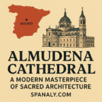 Illustrated view of Almudena Cathedral with map of Spain highlighting Madrid — modern sacred architecture artwork, Spanaly.com branding.