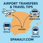 Illustrated map of Barcelona showing El Prat Airport connections by bus, taxi, and metro – created by Spanaly.com