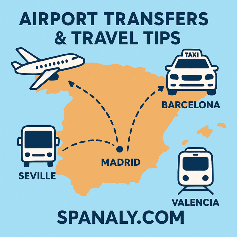 Illustrated map of Barcelona showing El Prat Airport connections by bus, taxi, and metro – created by Spanaly.com