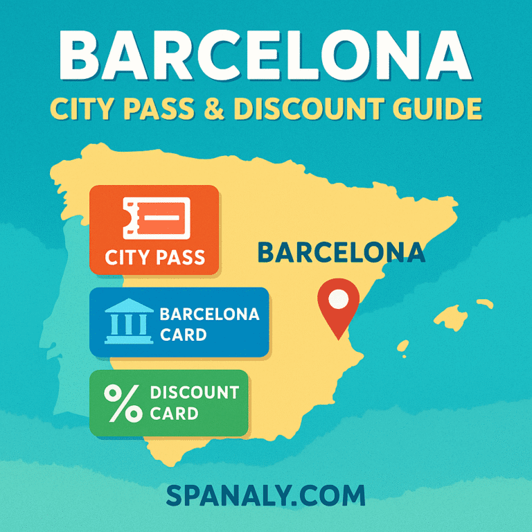 Illustrated map of Spain highlighting Barcelona, with symbols for sightseeing passes, discounts, and key landmarks