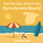 Illustration of Barceloneta Beach in Barcelona with golden sands, Mediterranean waves, beach umbrellas, and families enjoying sun and water activities, highlighting the vibrant summer atmosphere.