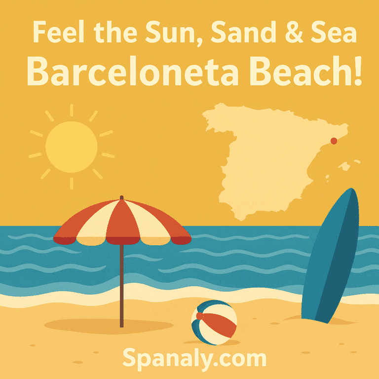 Illustration of Barceloneta Beach in Barcelona with golden sands, Mediterranean waves, beach umbrellas, and families enjoying sun and water activities, highlighting the vibrant summer atmosphere.