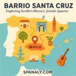 A colorful illustrated map of Spain highlighting Seville with artistic icons of Barrio Santa Cruz landmarks