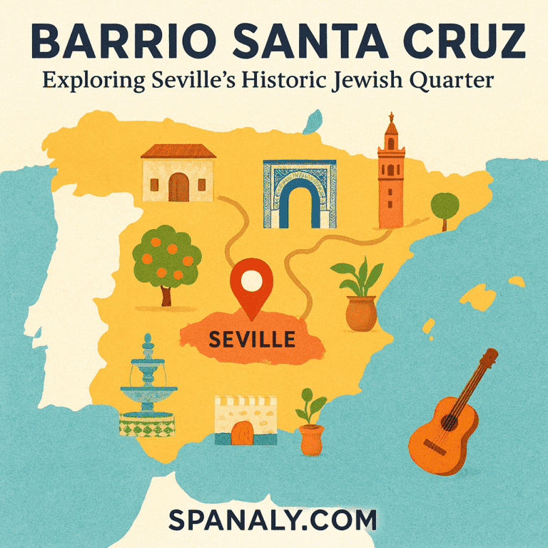 A colorful illustrated map of Spain highlighting Seville with artistic icons of Barrio Santa Cruz landmarks
