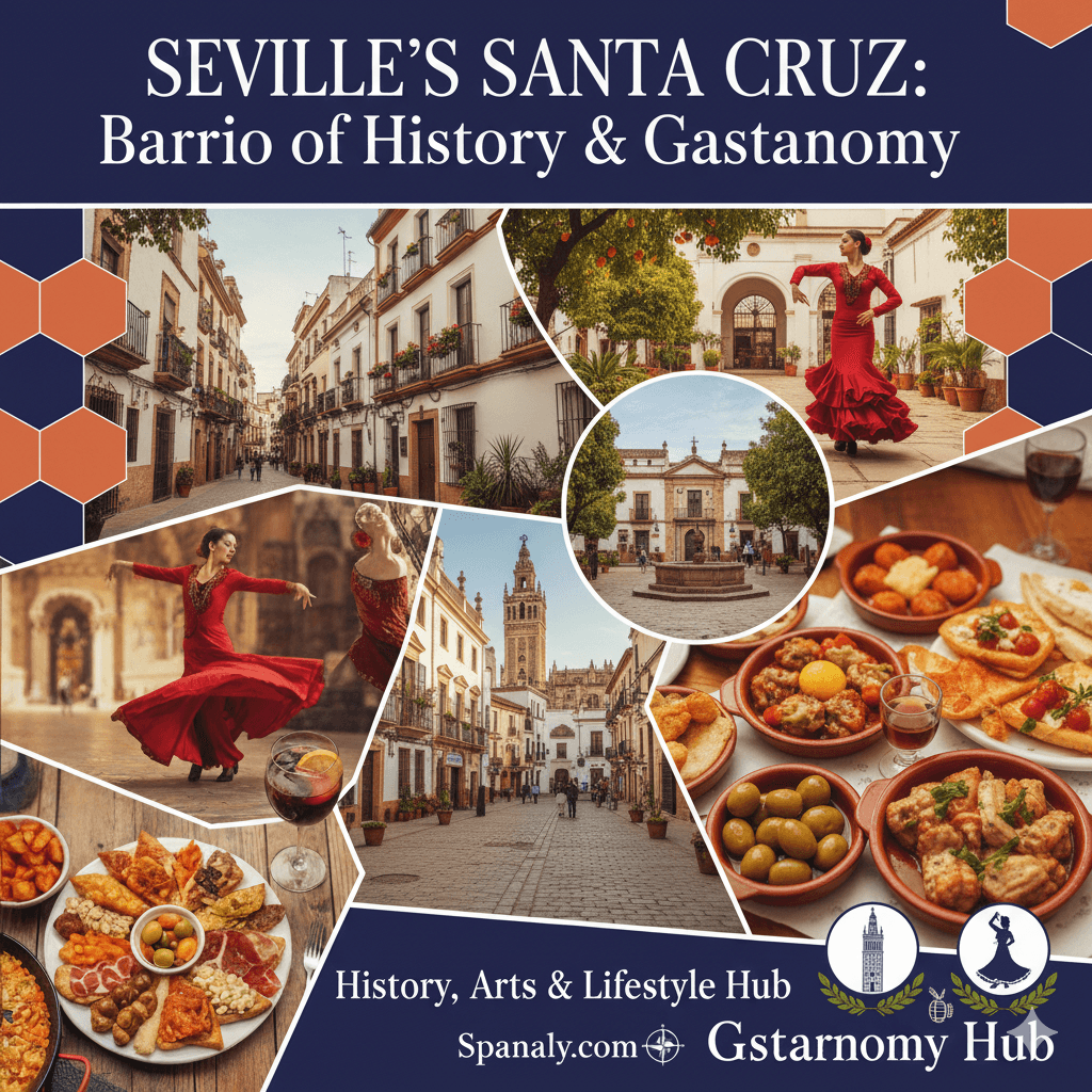 Illustrated map highlighting Seville and Barrio Santa Cruz — Spanaly.com