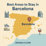 Illustrated map of Barcelona showing key neighborhoods such as Gothic Quarter, Eixample, Barceloneta, and Gràcia, marked with colorful icons and labeled clearly.