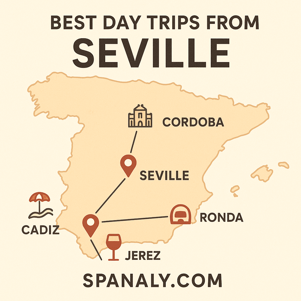 Illustrated map of Spain highlighting Seville with lines connecting to Córdoba, Cádiz, Ronda and other nearby cities for best day trips. Symbols represent landmarks, culture, and travel activities. 'Best Day Trips from Seville' caption at the top, Spanaly.com logo at the bottom.