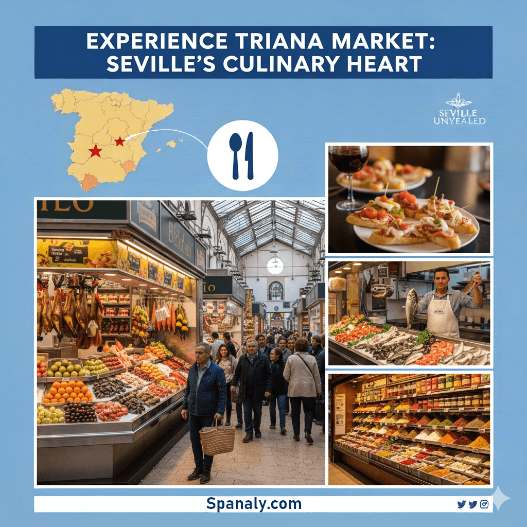 Professional image collage of Seville's Mercado de Triana (Triana Market), featuring local products, food stalls, and the vibrant market atmosphere. Image includes a map of Spain and the title 'Experience Triana Market: Seville's Culinary Heart' for Spanaly.com.
