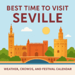 “Illustrated 1024×1024 map-style graphic showing iconic Seville landmarks with the title Best Time to Visit Seville and vibrant colors, designed in Spanaly.com style.”