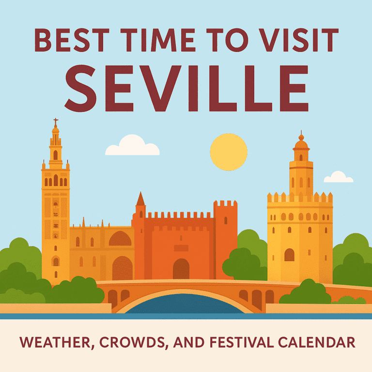“Illustrated 1024×1024 map-style graphic showing iconic Seville landmarks with the title Best Time to Visit Seville and vibrant colors, designed in Spanaly.com style.”