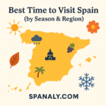 Illustrated map of Spain showing best travel seasons per region, SPANALY.COM