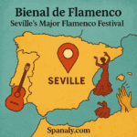 Map-style illustration of Spain highlighting Seville with flamenco elements for the Bienal de Flamenco festival.