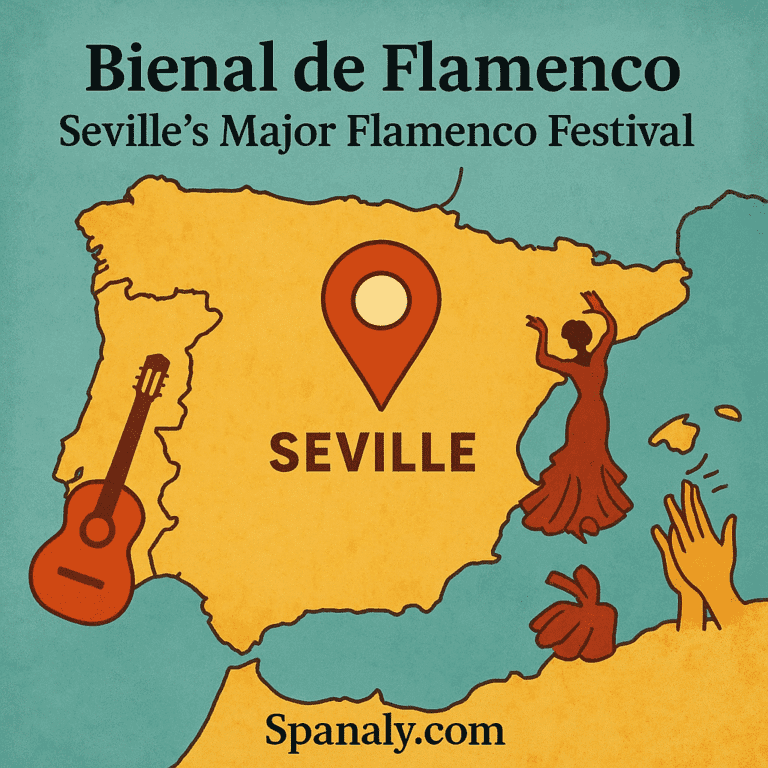 Map-style illustration of Spain highlighting Seville with flamenco elements for the Bienal de Flamenco festival.