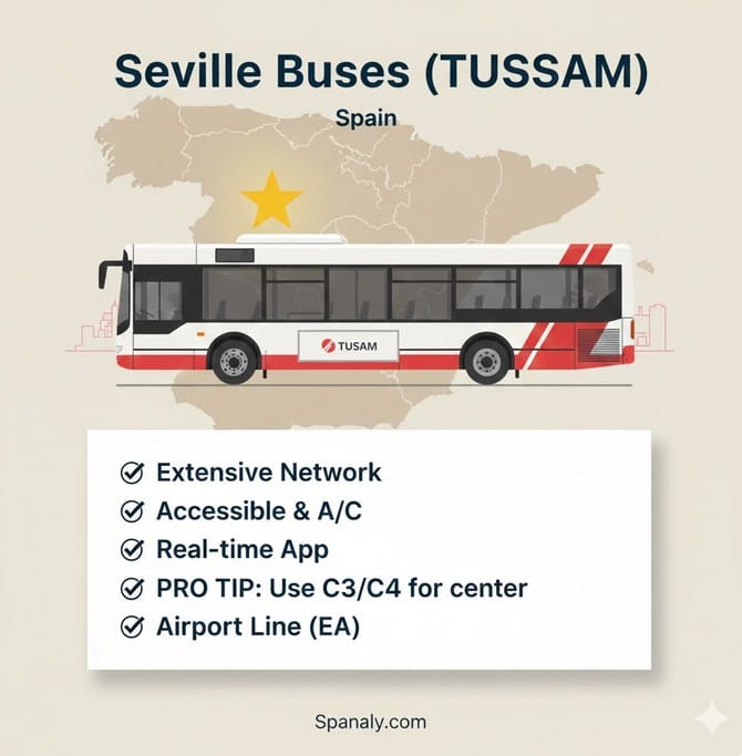 Seville TUSSAM bus on a map of Spain with Seville highlighted. The image details bus features like "Extensive Network," "Accessible & A/C," "Real-time App," "Airport Line (EA)," and a "PRO TIP: Use C3/C4 for center." Spanaly.com.