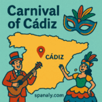 Illustrated map of Spain highlighting Cádiz, with colorful carnival masks and musical performers