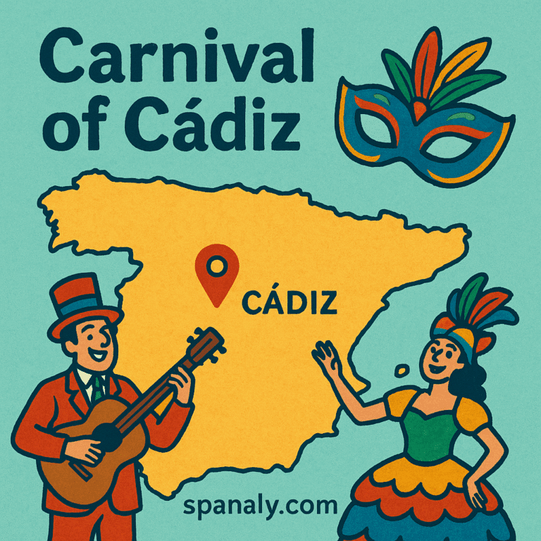 Illustrated map of Spain highlighting Cádiz, with colorful carnival masks and musical performers