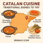 Illustrated map of Spain highlighting Catalonia with traditional Catalan dishes like Escudella, Calçots, and Crema Catalana – Spanaly.com