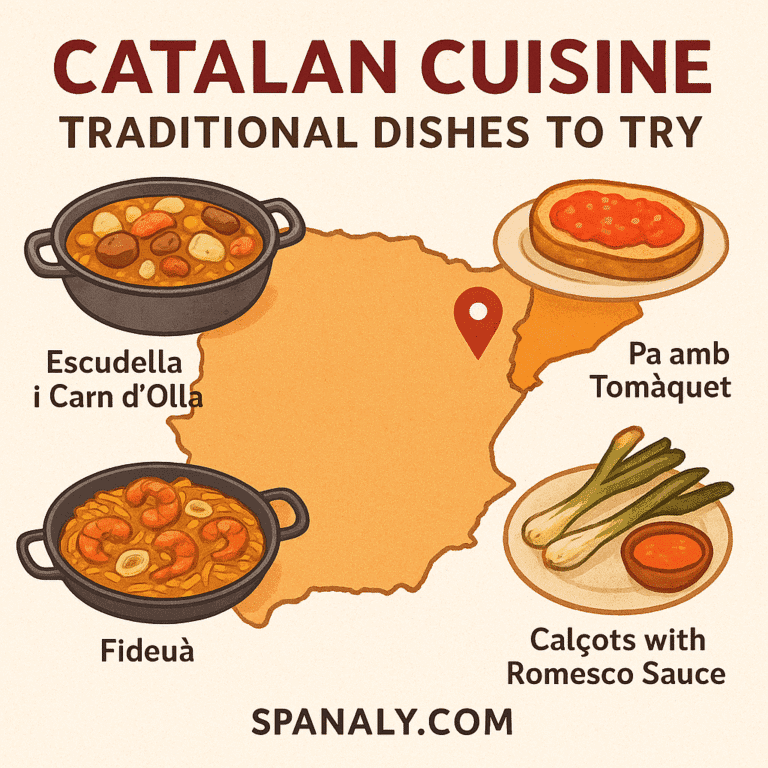 Illustrated map of Spain highlighting Catalonia with traditional Catalan dishes like Escudella, Calçots, and Crema Catalana – Spanaly.com