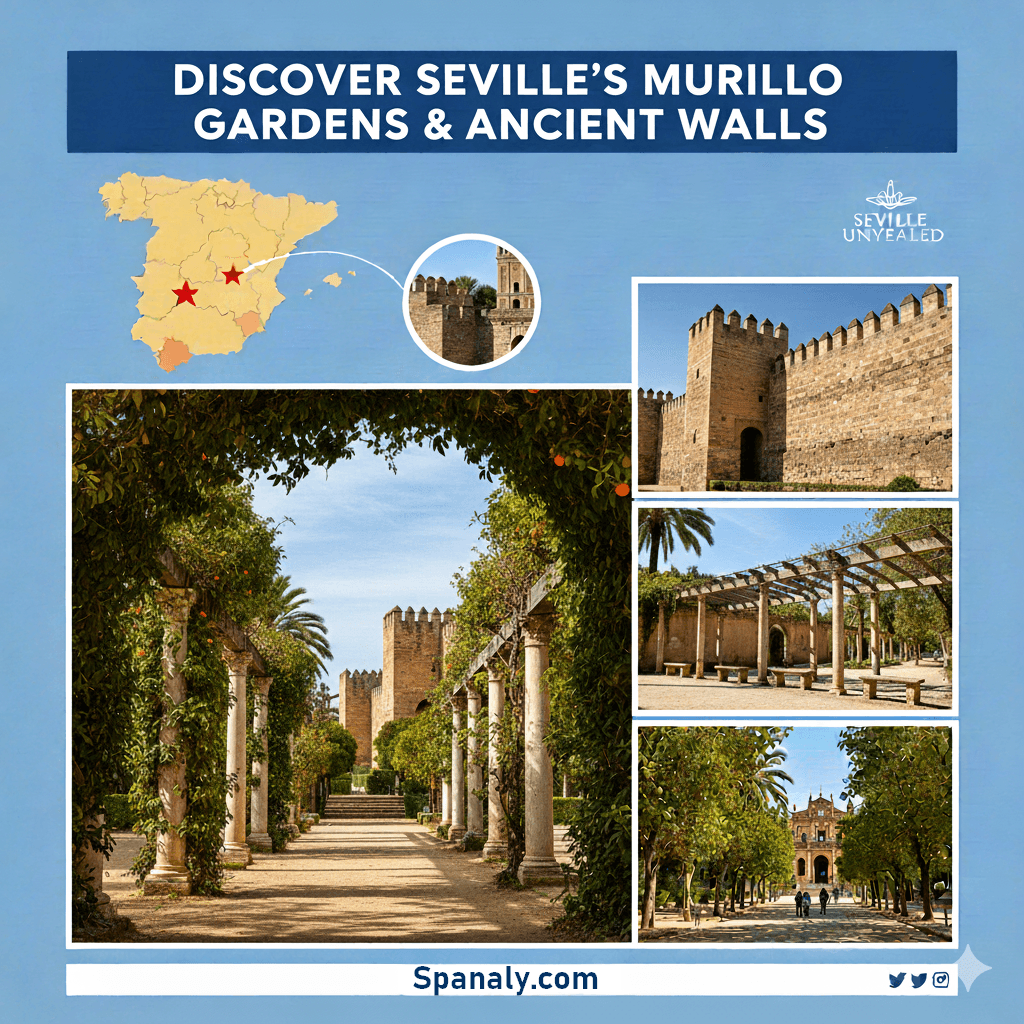 Professional image collage of Seville's Jardines de Murillo and the historic medieval walls, featuring the lush garden pathways, fountains, and ancient architecture. Image includes a map of Spain and the title 'Discover Seville's Murillo Gardens & Ancient Walls' for Spanaly.com.