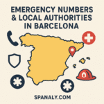 Illustrated map of Spain highlighting Barcelona and its emergency numbers for travelers.