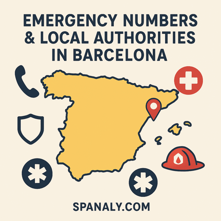 Illustrated map of Spain highlighting Barcelona and its emergency numbers for travelers.