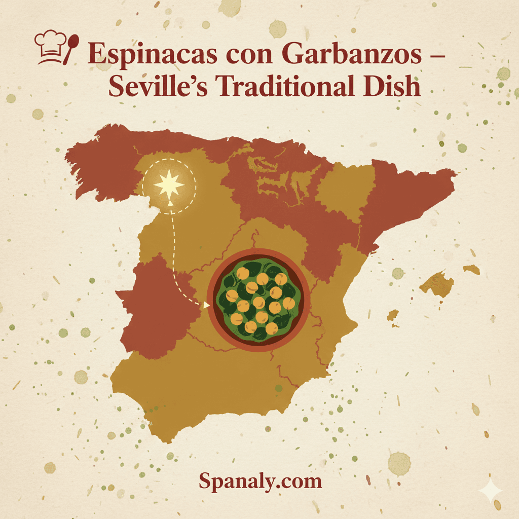 Map of Spain highlighting Seville, featuring a dish icon (Espinacas con Garbanzos) in the center, with the site name Spanaly.com at the bottom.