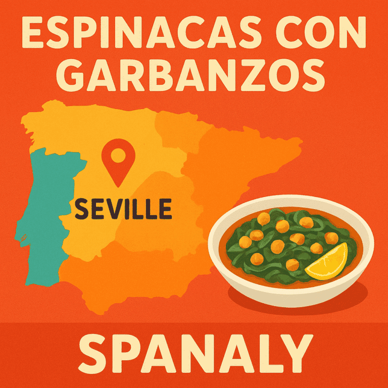 Illustrated map of Spain highlighting Seville with an icon representing Espinacas con Garbanzos, showing its location in Andalusia. Vivid colors, fresh spinach and chickpeas symbols, and the name Spanaly.com at the bottom.