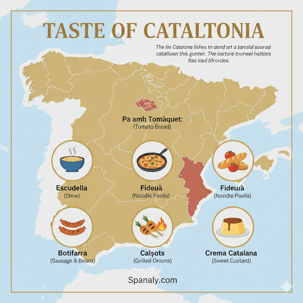 Infographic map of Spain highlighting Catalonia region with traditional Catalan dishes including Escudella, Fideuà, Pa amb Tomàquet, Botifarra, Calçots, and Crema Catalana for Spanaly.com