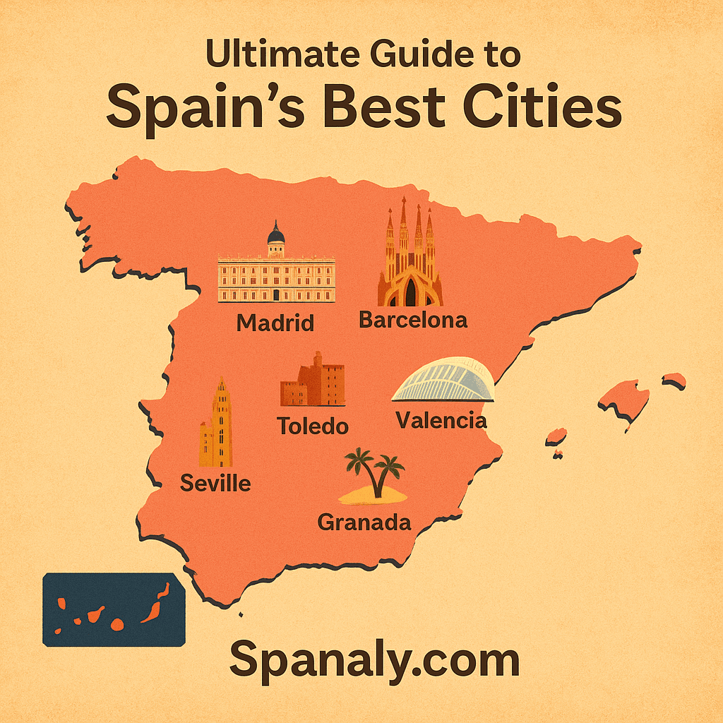 Illustrated map of Spain highlighting top cities like Madrid, Barcelona, Seville, Granada, and Valencia – Spanaly.com