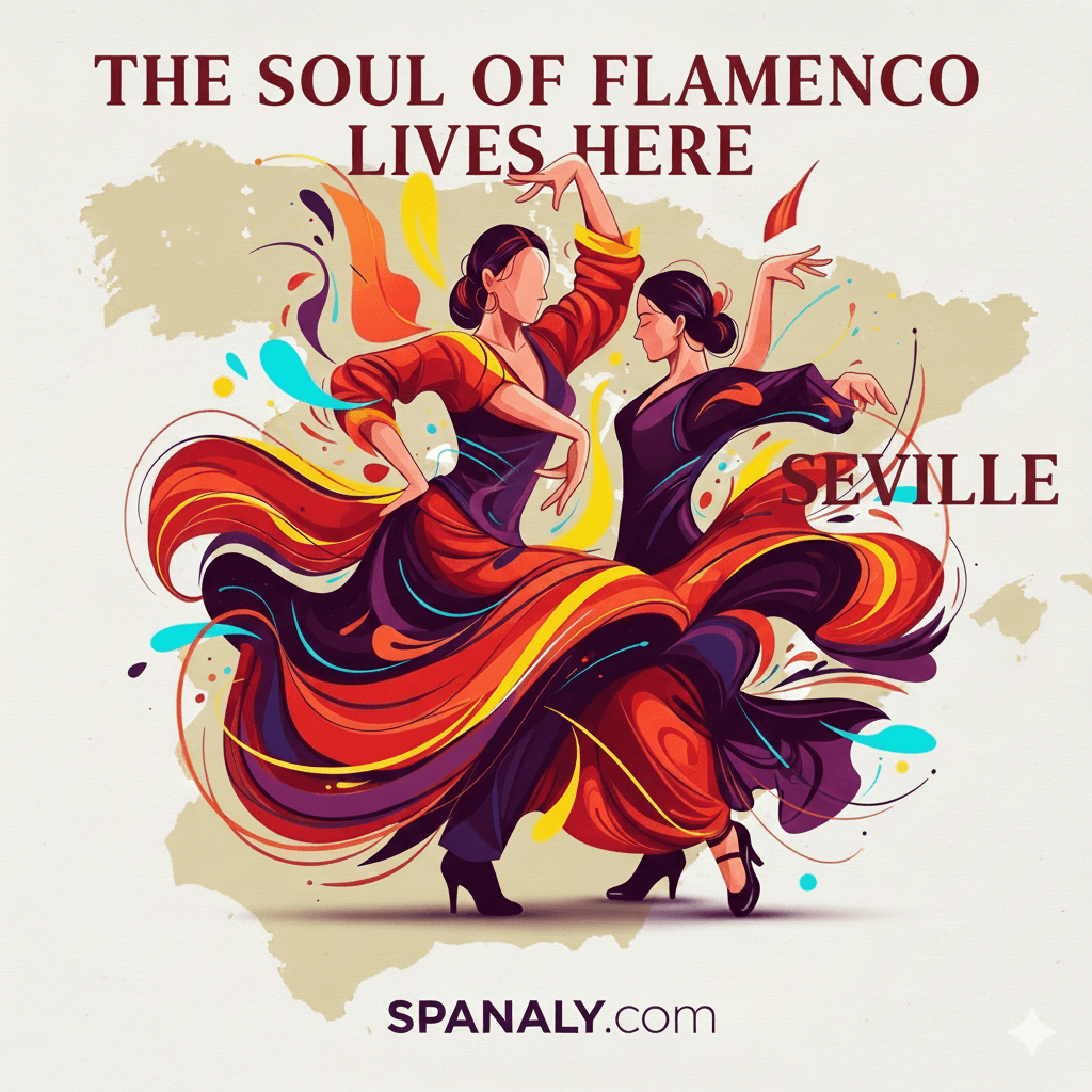 Map-style illustration of Spain highlighting Seville with flamenco elements for the Bienal de Flamenco festival
