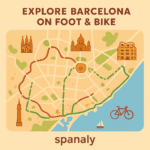 Illustrated map of Spain highlighting Barcelona, showing walking and biking paths in the city, with SPANALY logo and colorful route icons