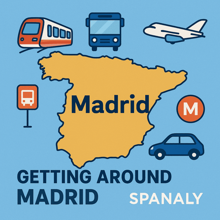 Infographic map of Spain with Madrid highlighted, showing icons for different transport modes (Metro, Bus, Train) to illustrate the guide for getting around Madrid easily.