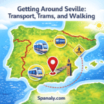 Illustrated map of Spain with Seville highlighted, showing transport icons including trams, buses, and walking signs, with vivid contrasting colors – Spanaly.com