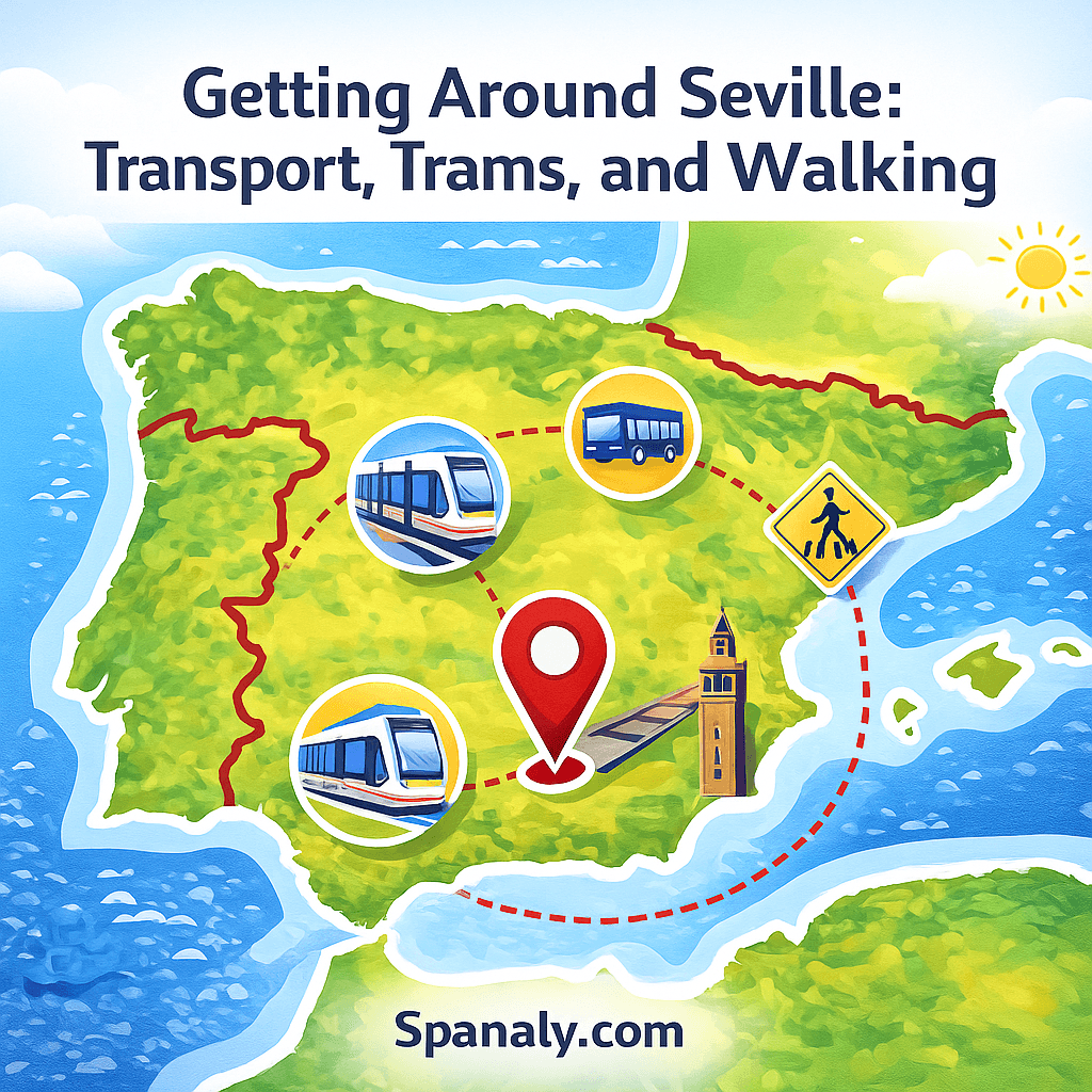 Illustrated map of Spain with Seville highlighted, showing transport icons including trams, buses, and walking signs, with vivid contrasting colors – Spanaly.com