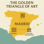 Infographic map showing Madrid’s Golden Triangle of Art, with the locations of the Prado, Reina Sofía, and Thyssen museums forming a triangle.