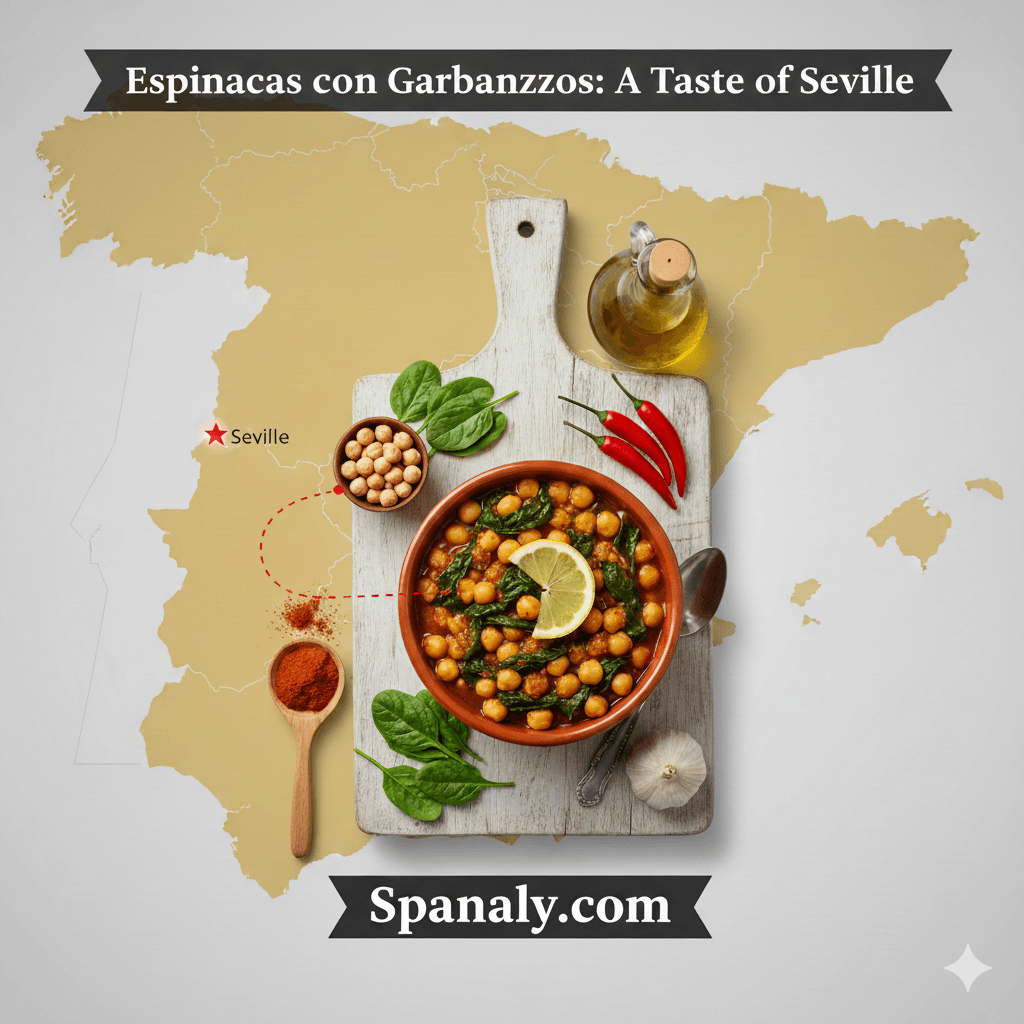 Espinacas con Garbanzos: Authentic Spanish spinach and chickpea stew from Seville, presented on a rustic cutting board overlaid on a map of Spain highlighting Seville. Ingredients like olive oil and paprika are visible. Branding: Spanaly.com.