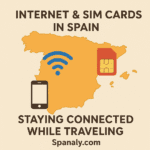 Illustrated map of Spain with Wi-Fi and SIM card icons and the phrase “Stay Connected While Traveling” – Spanaly.com
