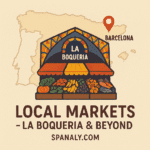 Illustrated view of La Boqueria market in Barcelona with colorful fresh fruits, vegetables, local delicacies, bustling stalls, and tourists exploring – highlighting the vibrant atmosphere of local Spanish markets. Spanaly.com