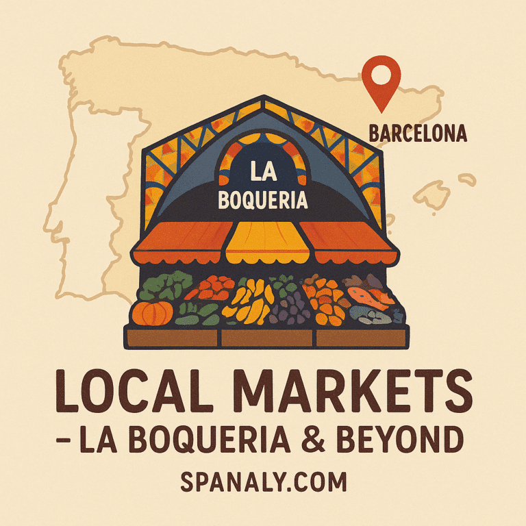 Illustrated view of La Boqueria market in Barcelona with colorful fresh fruits, vegetables, local delicacies, bustling stalls, and tourists exploring – highlighting the vibrant atmosphere of local Spanish markets. Spanaly.com