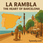 Illustrated aerial view of La Rambla in Barcelona, showing tree-lined promenade, street performers, outdoor cafés, and nearby Gothic Quarter landmarks, with the Port Vell harbor in the distance