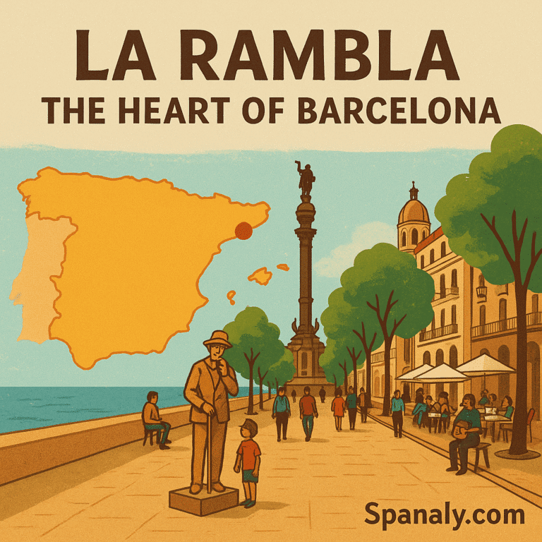 Illustrated aerial view of La Rambla in Barcelona, showing tree-lined promenade, street performers, outdoor cafés, and nearby Gothic Quarter landmarks, with the Port Vell harbor in the distance