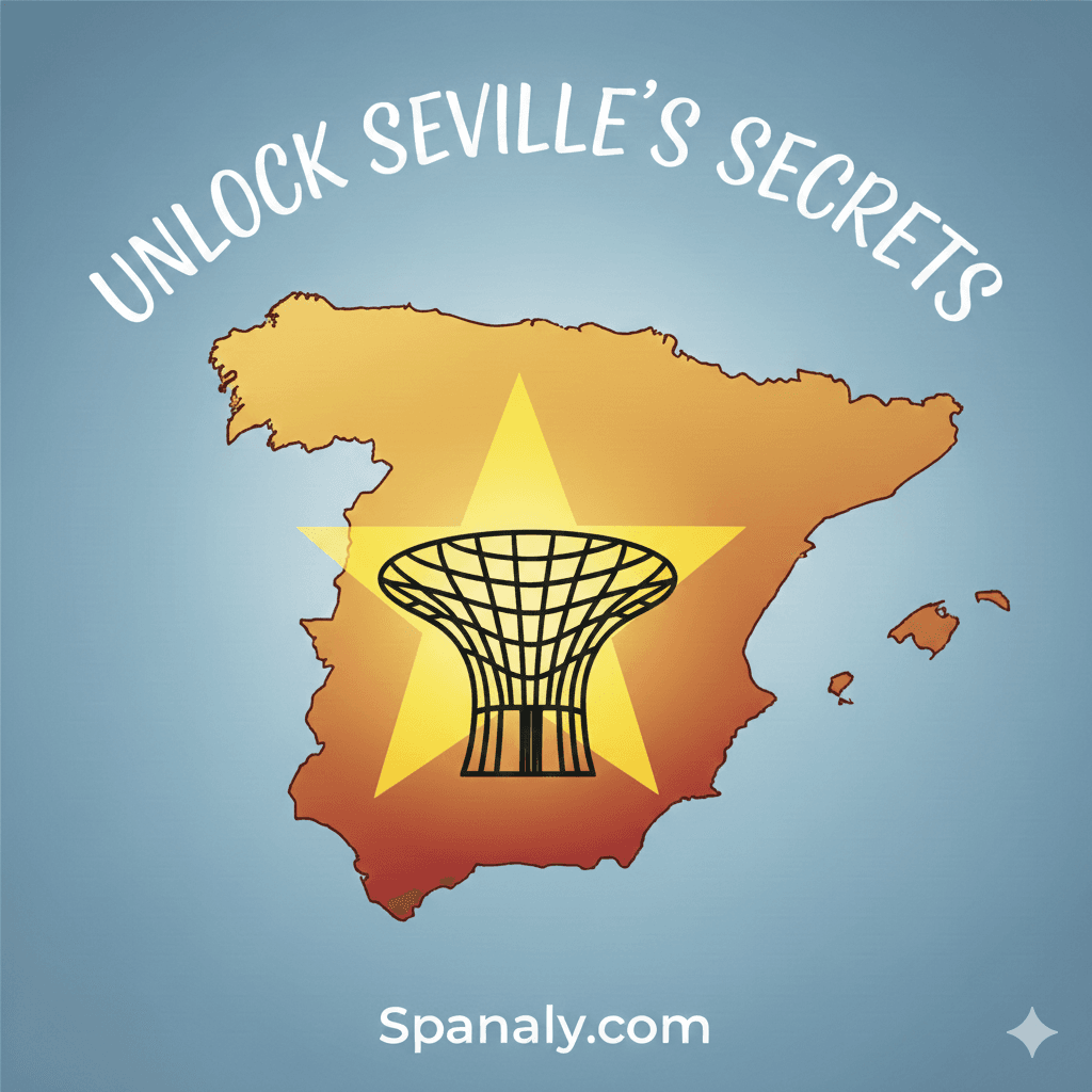 Map of Spain with a drawn symbol of Las Setas marking Seville, promoting the travel guide: Unlock Seville's Secrets.