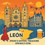 Illustrated map of Spain highlighting León with its Gothic Cathedral and historic old town, labeled with SPANALY.COM