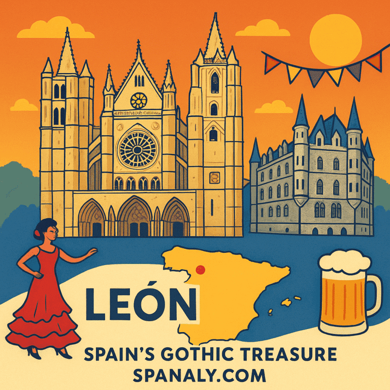 Illustrated map of Spain highlighting León with its Gothic Cathedral and historic old town, labeled with SPANALY.COM