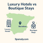 Illustrated map of Spain with Barcelona highlighted and icons representing luxury hotels and boutique accommodations