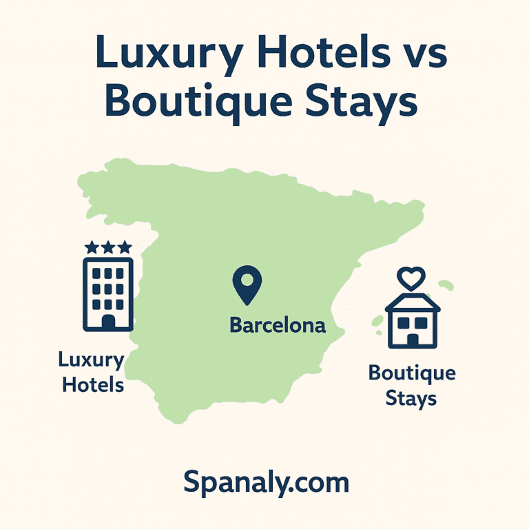 Illustrated map of Spain with Barcelona highlighted and icons representing luxury hotels and boutique accommodations