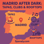 Madrid nightlife map illustration with icons for bars, clubs, and live music.