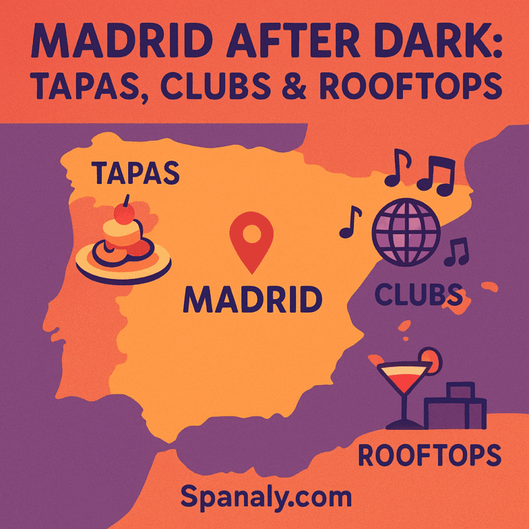 Madrid nightlife map illustration with icons for bars, clubs, and live music.